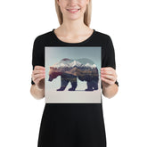 Double Exposure Bear and Mountains on a Square Matte Poster